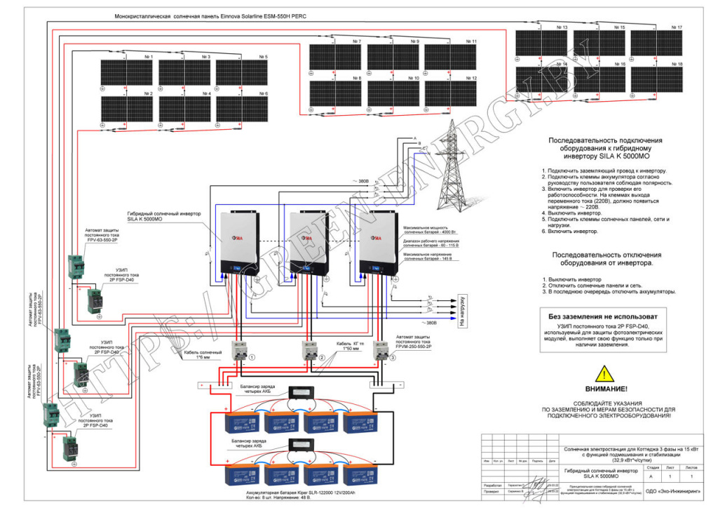 Принципиальная схема солнечной электростанции для Коттеджа на 15 кВт 3 фазы с функцией стабилизации и подмешивания